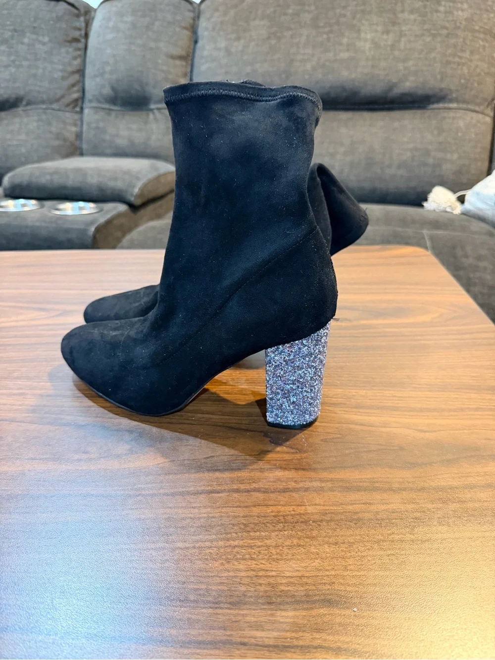 NWOT Badgley Mischka Black Suede Ankle Boots with Silver Glitter Block Heel